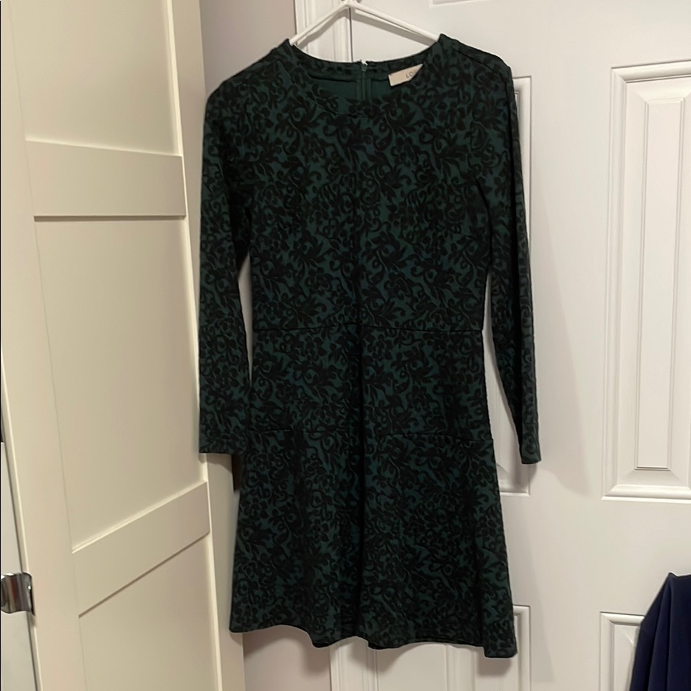 LOFT Forest Green Patterned Long Sleeve Dress